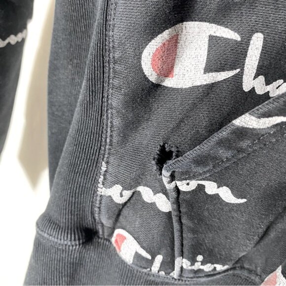 Vintage Champion Reverse Weave Black All Over Logo Print Hoodie M - Picture 7 of 16